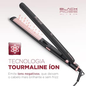 Miniatura Chapinha | Prancha Mondial P-27 com Chapas de Cerâmica 220°C com Emissão de Íons Black Rose - Bivolt