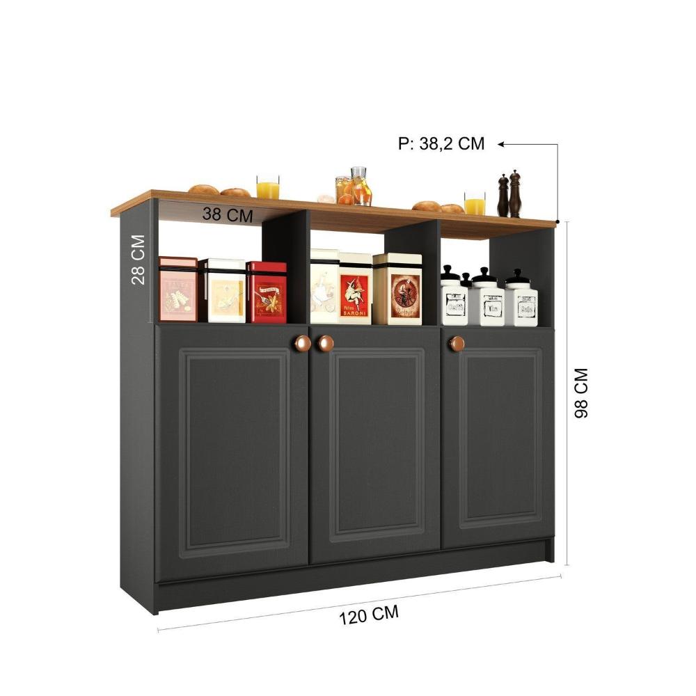 Miniatura Mesa Bancada Balcão Ilha para Cozinha com 3 Portas e Nichos Divisor de Ambiente Veneza Chumbo