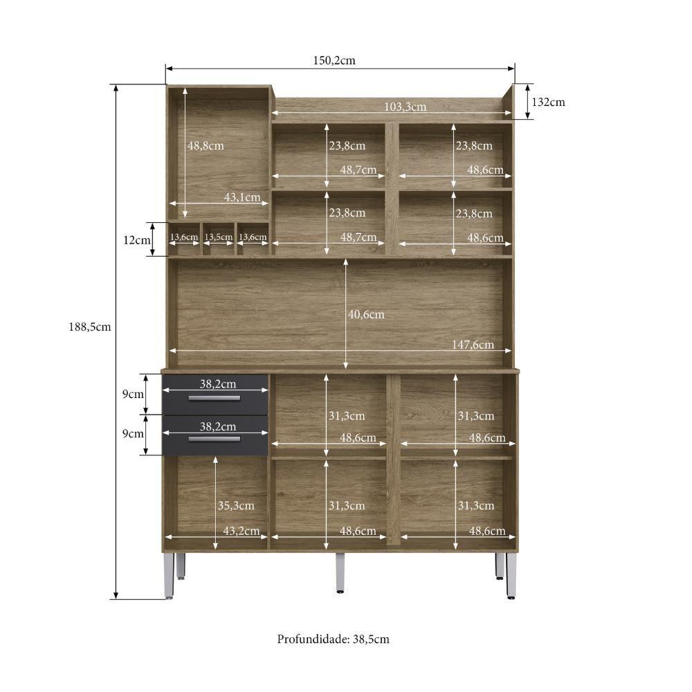 Miniatura Cozinha Compacta Decibal AC6200 6 Portas 2 Gavetas com Armário e Balcão - Wood Preto