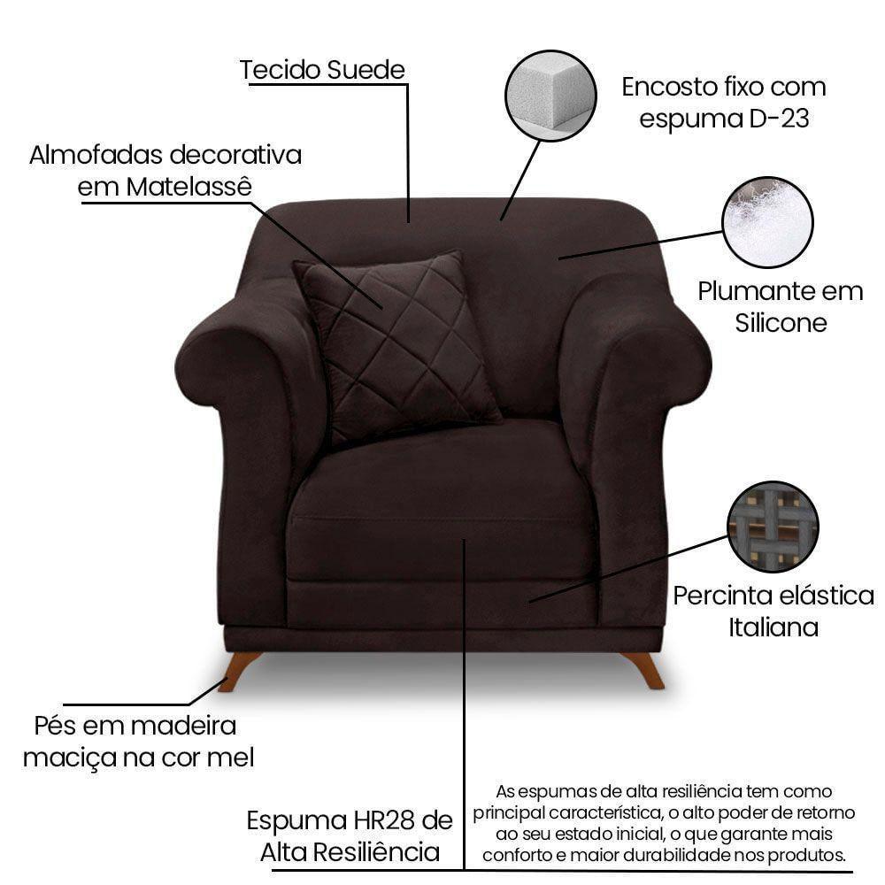 Miniatura Poltrona Para Sala De Estar Suede Pés Castanho Marrom Café