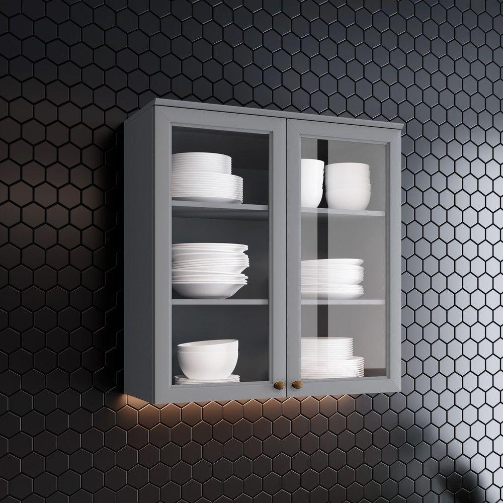 Miniatura Armário Aéreo De Cozinha 2 Portas Com Vidro Americana Henn Cinza