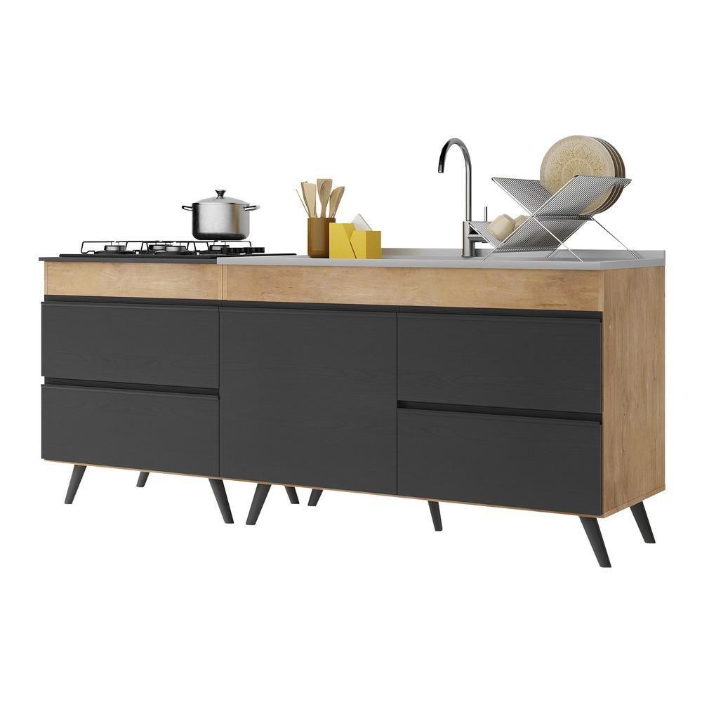 Miniatura Kit 2 Balcões Gabinete Pia 120cm + Cooktop 70cm preto