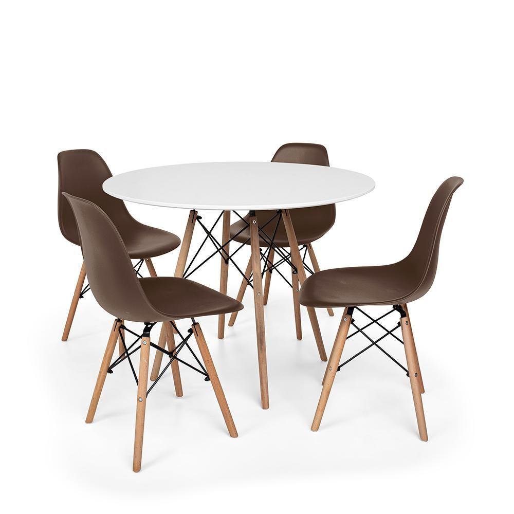Miniatura Conjunto Mesa De Jantar Redonda Solo Branca 90cm Com 4 Cadeiras Solo - Marrom