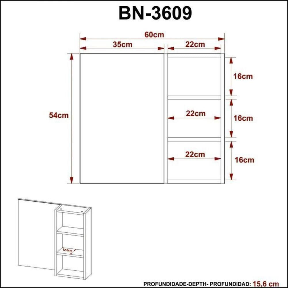 Conjunto de Banheiro com Gabinete Suspenso 60cm e Espelheira 3 Nichos Mármore/Branco
