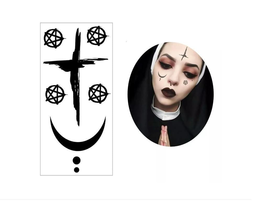 Miniatura Tatuagem Temporária Freira Halloween - Cosplay e Fantasia