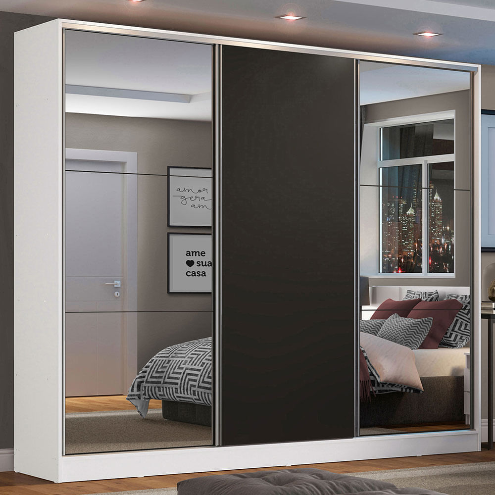 Miniatura Guarda Roupa Casal 100% MDF Madesa Zurique 3 Portas de Correr com Espelhos Branco/Preto Cor:Branco/Preto