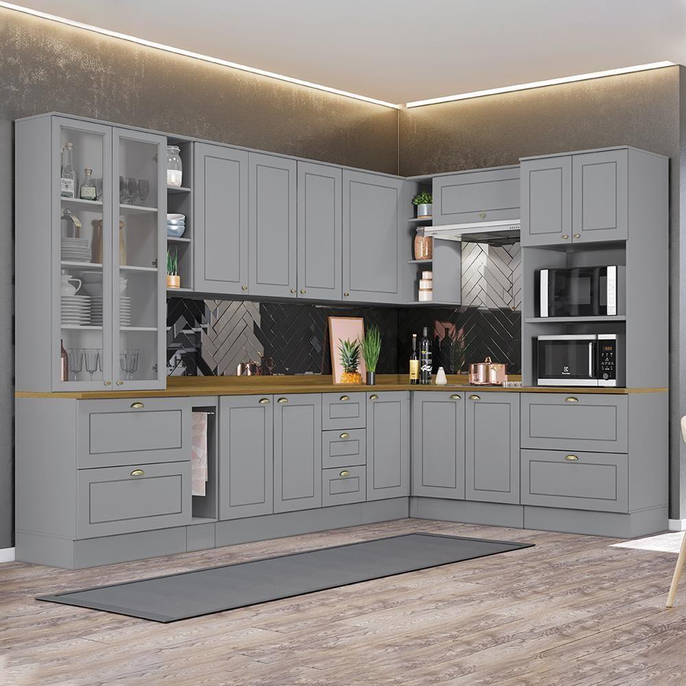 Miniatura Cozinha Completa De Canto Americana 10 Peças Cinza Tampo Nature - Móveis Henn Cinza
