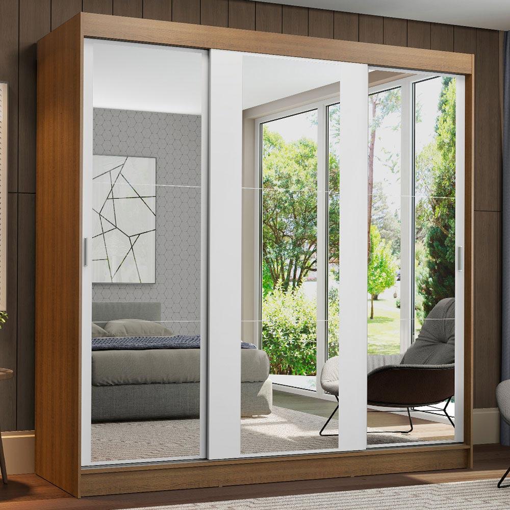 Miniatura Guarda-Roupa Casal Madesa Reno 3 Portas de Correr de Espelho - Rustic/Branco Rustic/Branco