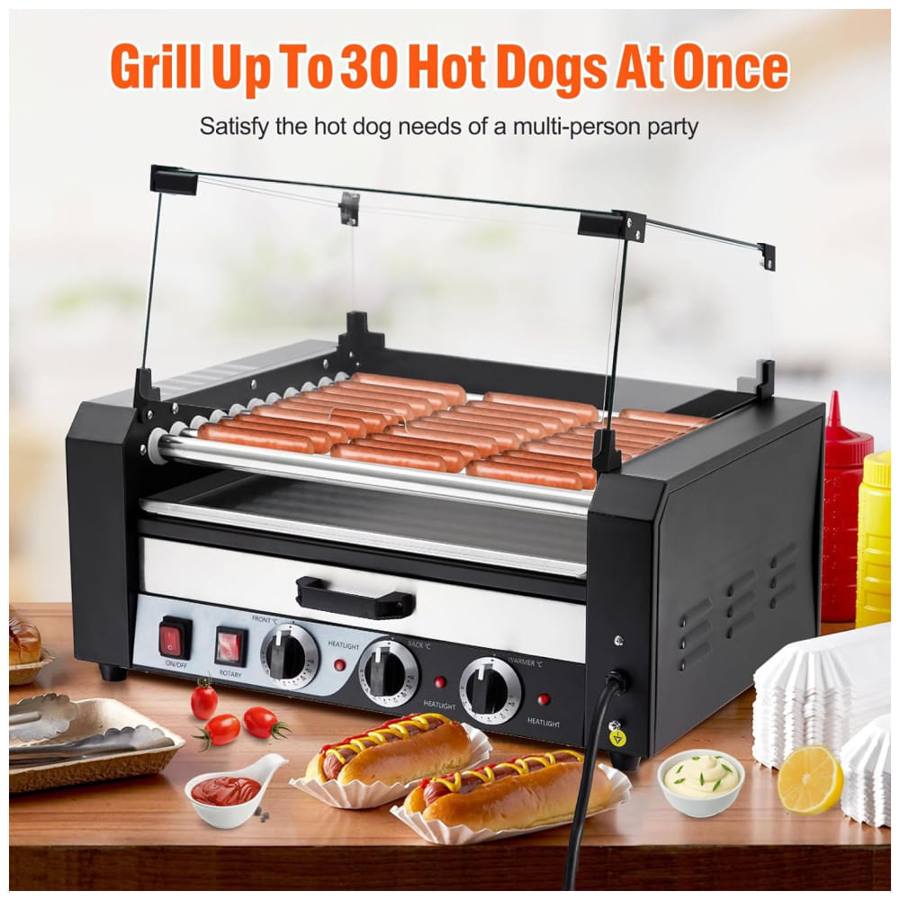 Miniatura Máquina de Cachorro Quente até 30 Salsichas com Tampa de Vidro, Controle de Temperatura Duplo e Bandeja de Gotejamento, 110V 950W, Litake, Preta 110v
