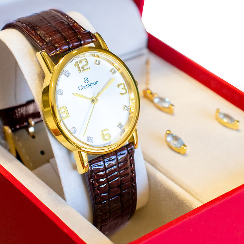 Miniatura Relógio Feminino Champion Analógico Couro Marron Kit Colar e Brincos CN20186B