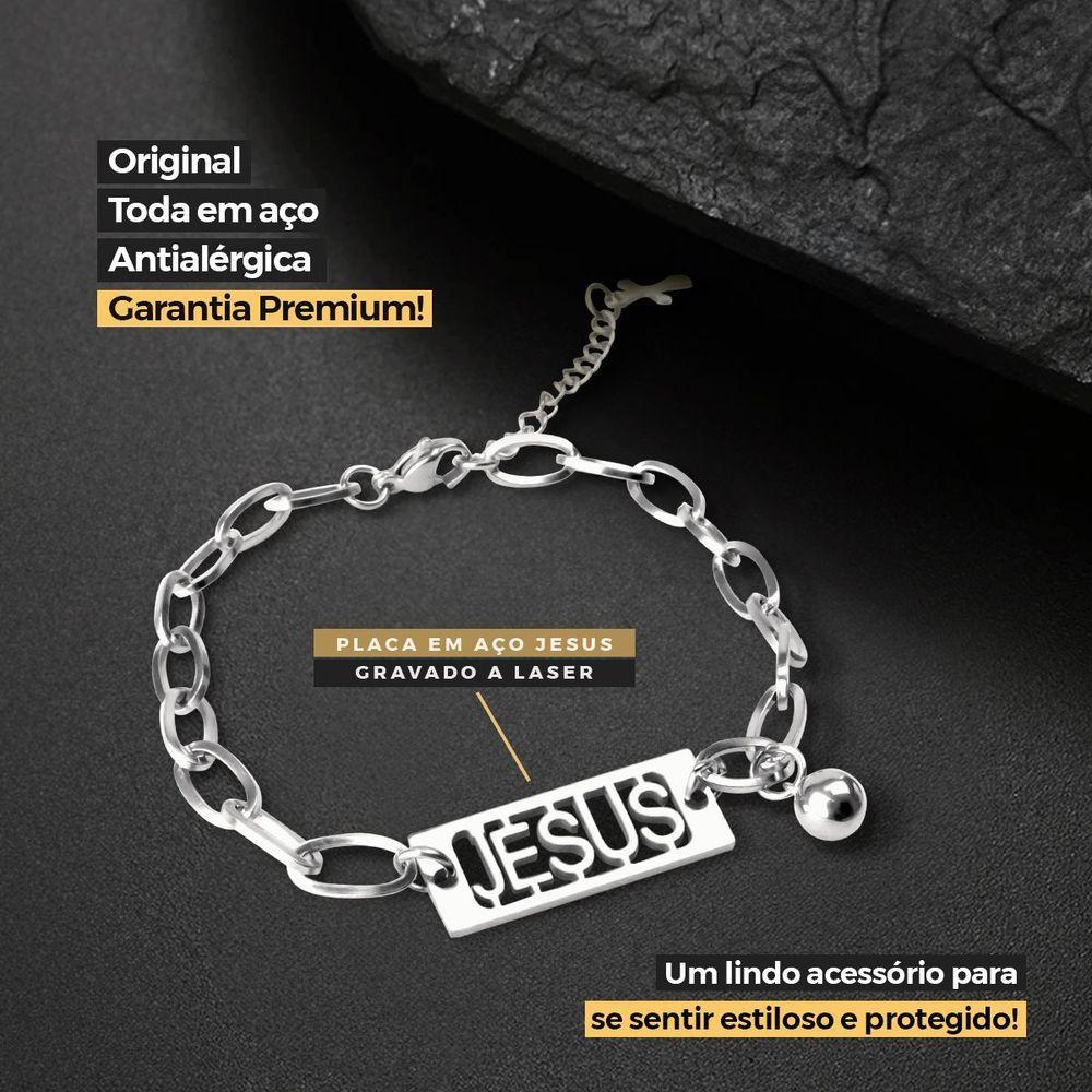 Miniatura Pulseira Masculina Aço Inoxidável Prata + Pingente Jesus Social Casual Religiosa Qualidadde Premium