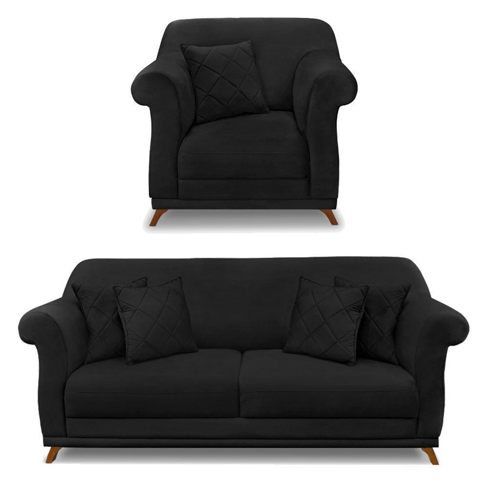 Miniatura Kit Poltrona E Sofá 2 Lugares 1,60m Suede Pés Castanho Preto