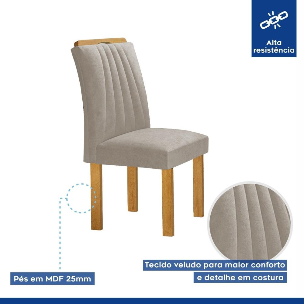 Conjunto Mesa Bella Ripada 120cm com 4 Cadeiras Arizona Tampo Bella com Vidro Cinamomo/Off White/Veludo Bege Claro