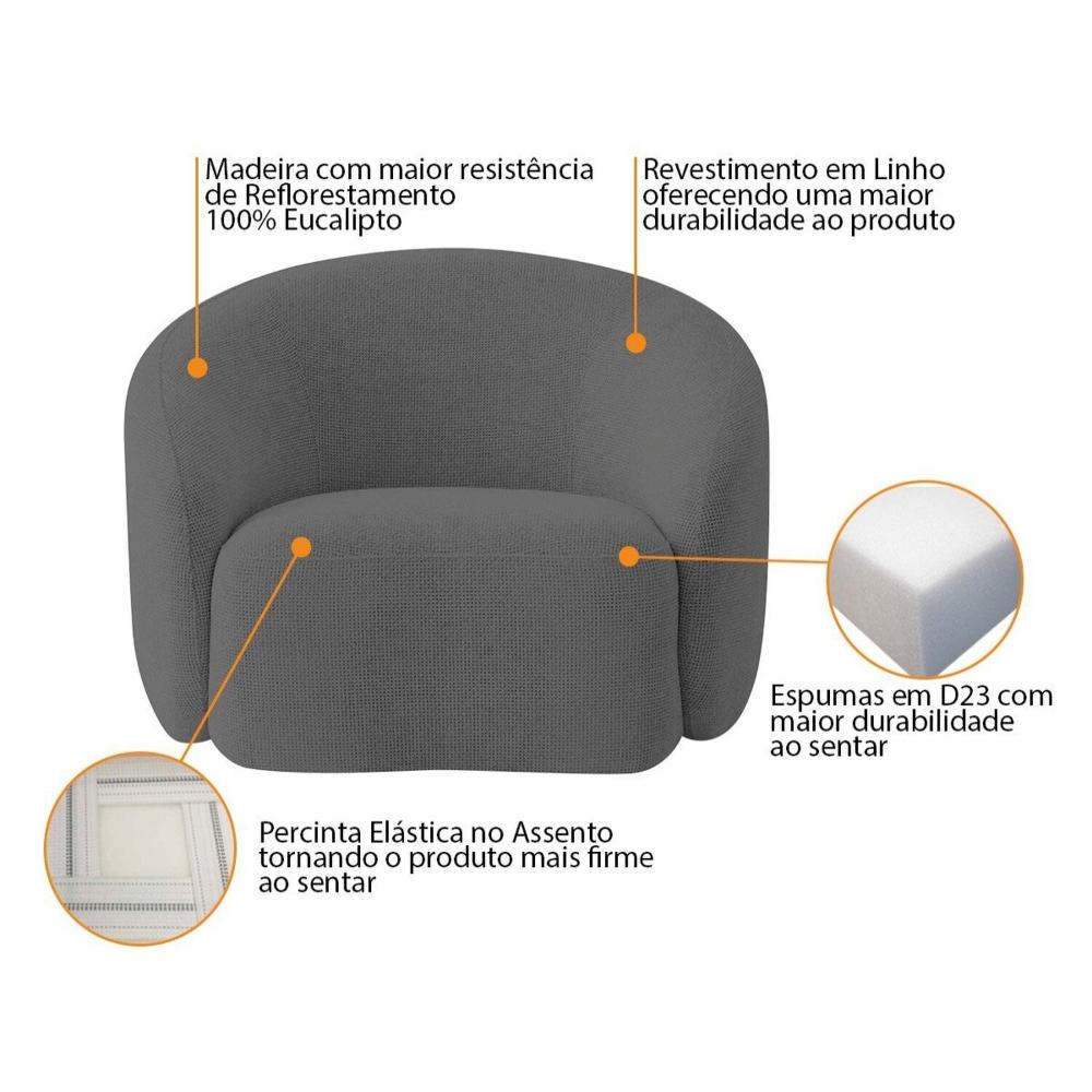 Poltrona Decorativa Curva Sala Recepção Alemanha Linho Cinza Escuro