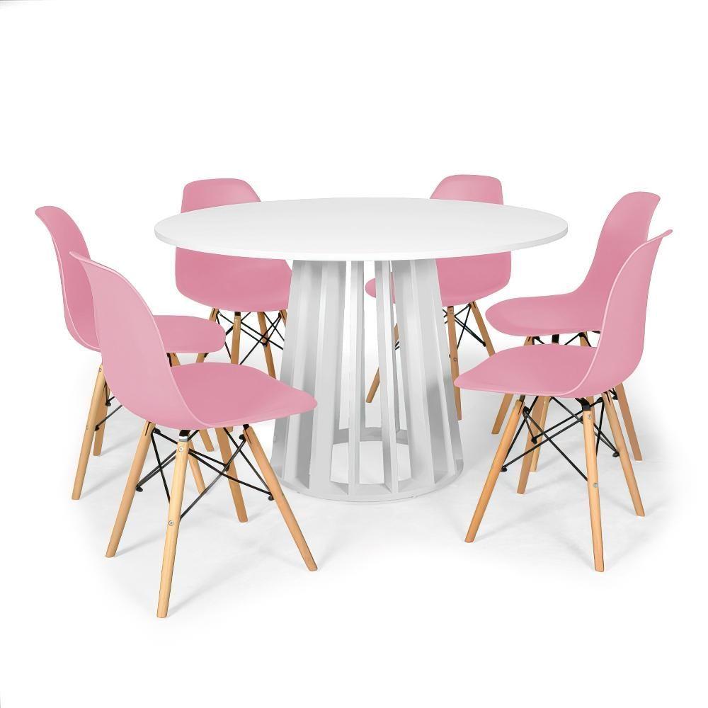 Miniatura Conjunto Mesa De Jantar Redonda Talia Branca 120cm Com 6 Cadeiras Eames Eiffel - Rosa