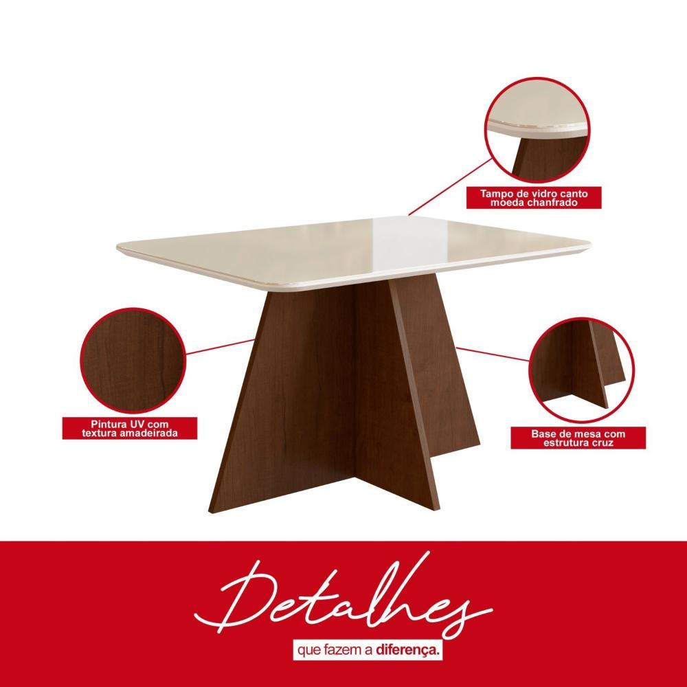 Conjunto Sala de Jantar Mesa 90x120cm T Vidro com 4 Cadeiras Madeira Maciça Tabaco/Marrom/Off White