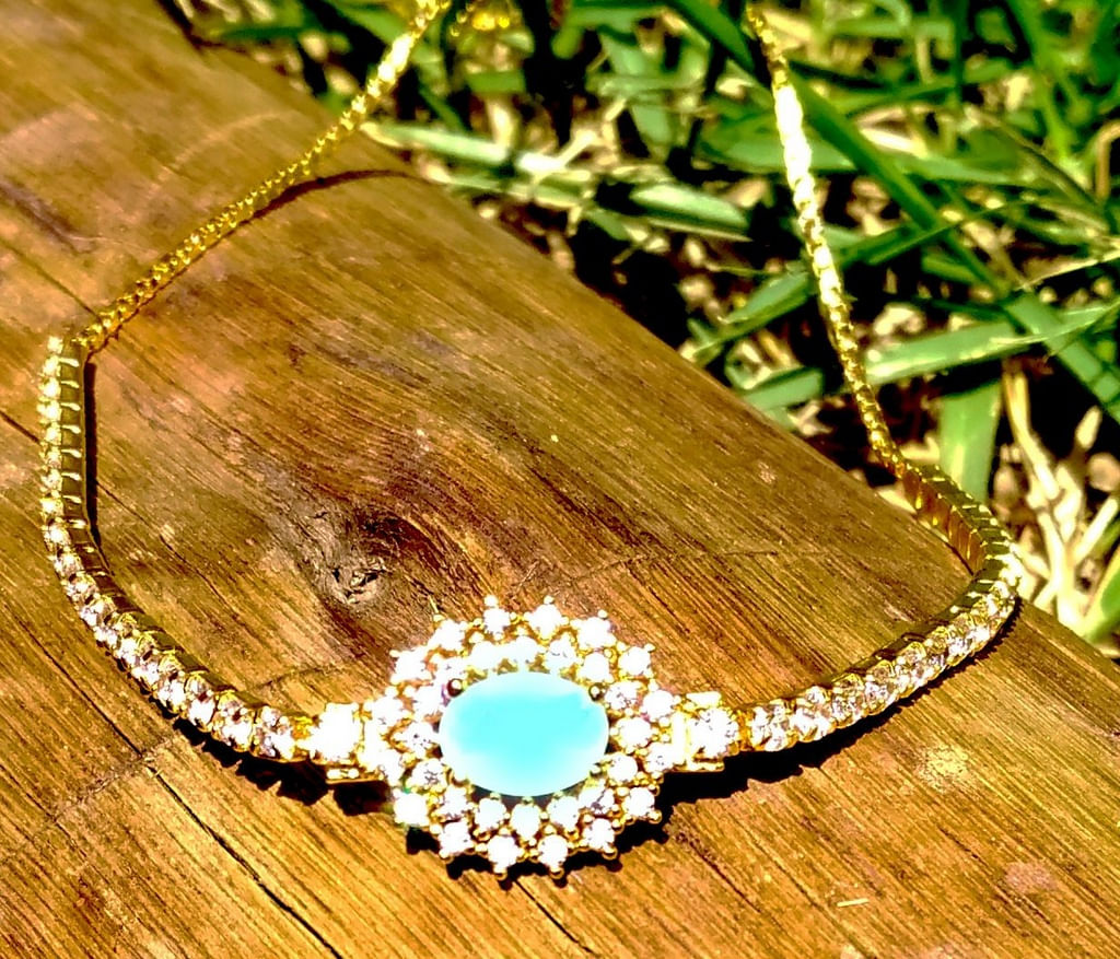 Miniatura Pulseira Folheada Ouro 18k Turquesa - Visujóias 8cm