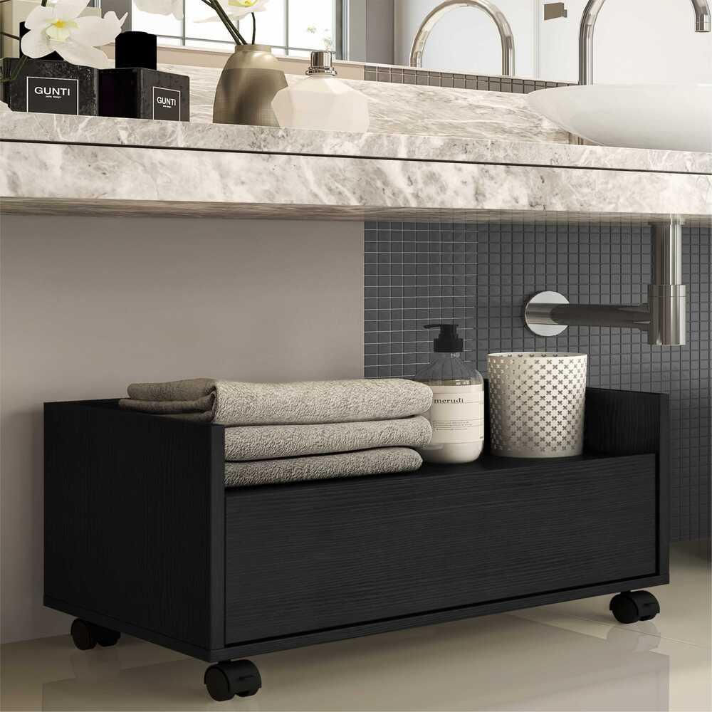 Miniatura Gabinete Armário Banheiro 80 cm c/ Rodízios Multimóveis Preto