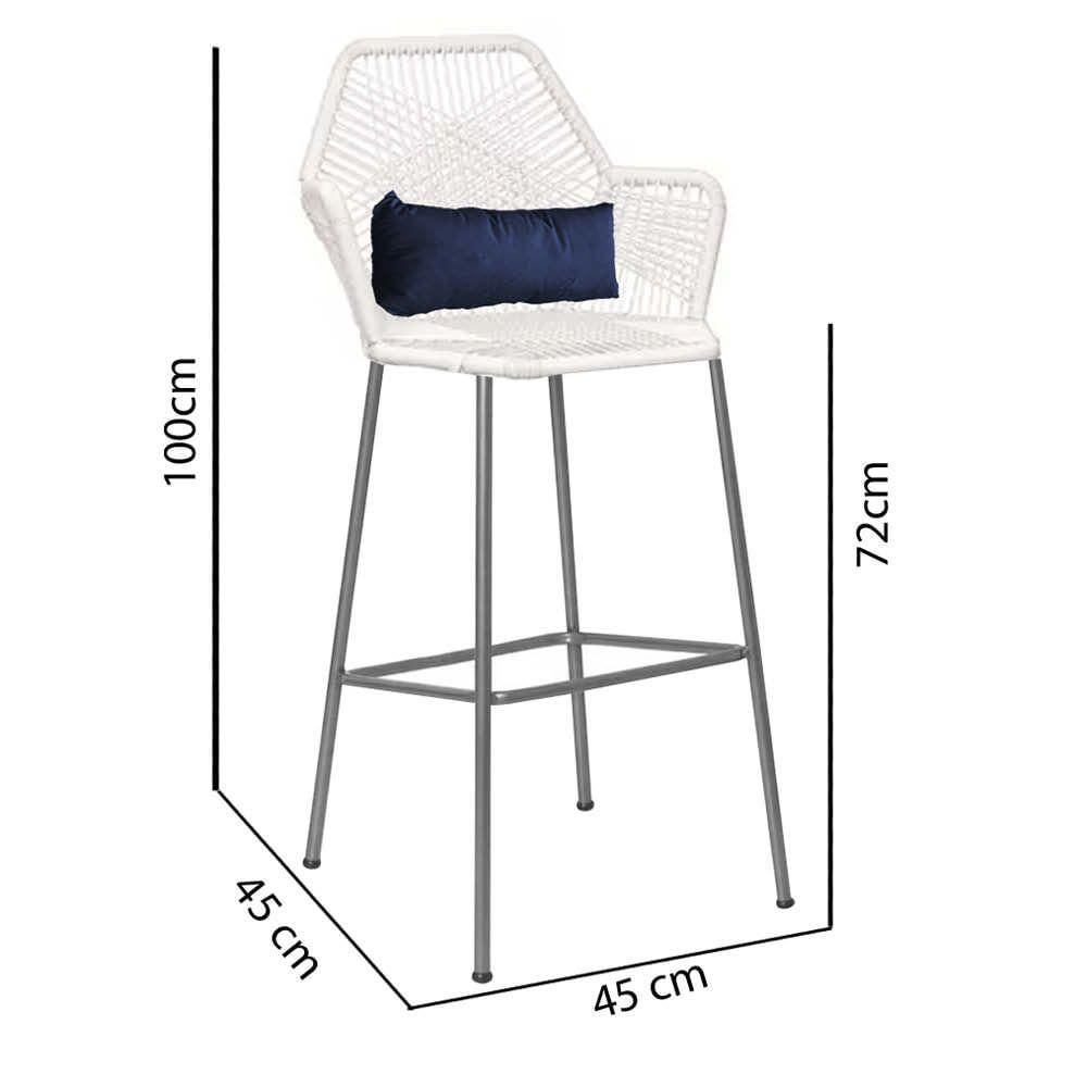 Miniatura Banqueta Alta Com Encosto Sttar Ferro Prata Fibra Branco Almofada Suede Azul Marinho