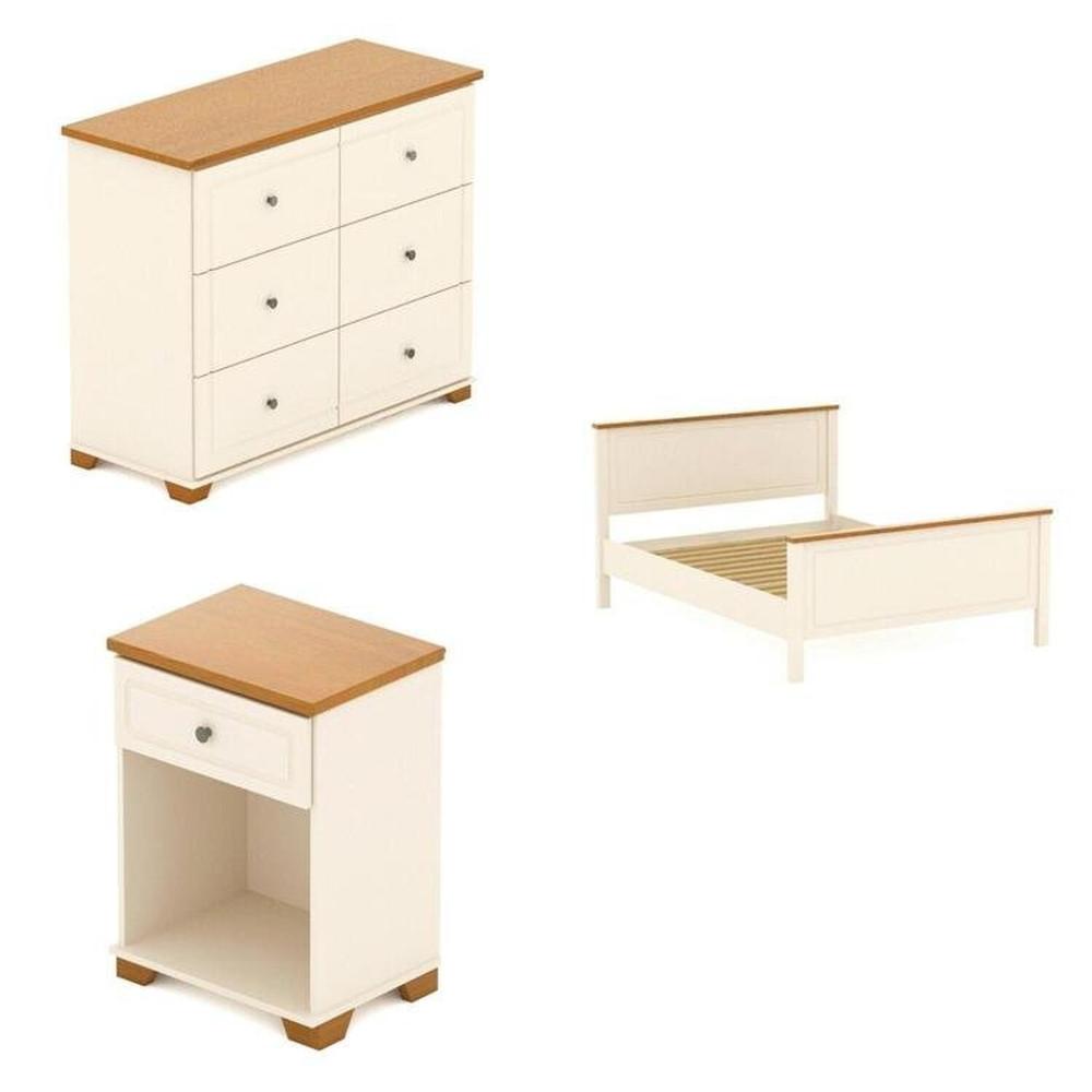 Conjunto Dormitório 1 Cama Queen 1 Mesa de Cabeceira 1 Cômoda Ananda CabeCasa MadeiraMadeira Imbuia/Offwhite