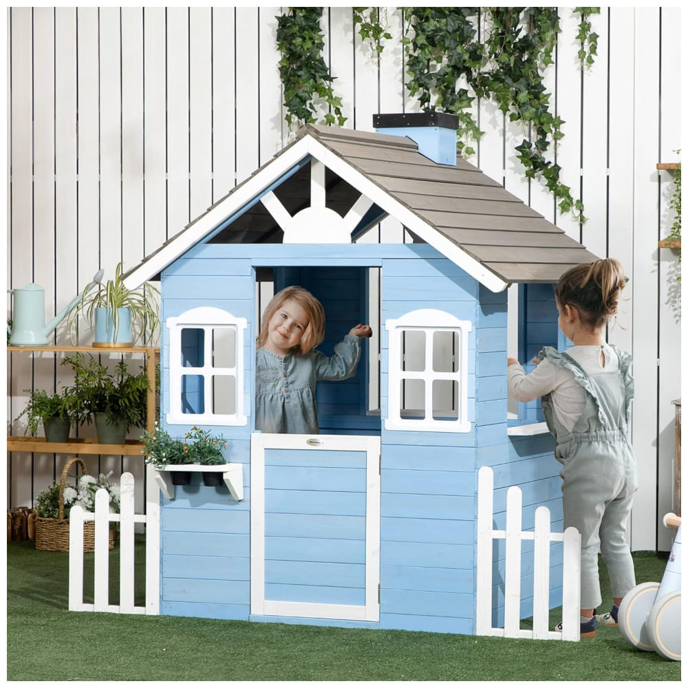 Miniatura Casinha Infantil de Madeira para Área Externa Estilo Country com Porta, Janelas, Posto de Serviço e Vasos de Flores para Crianças de 3 a 7 Anos, 110v