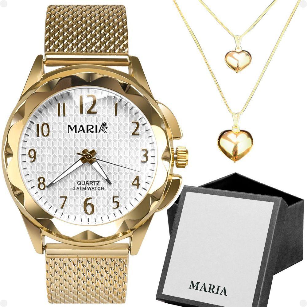Miniatura Relogio Feminino Dourado Aço + Caixa + Colar Duplo Coração Original Presente Qualidade Premium Ouro