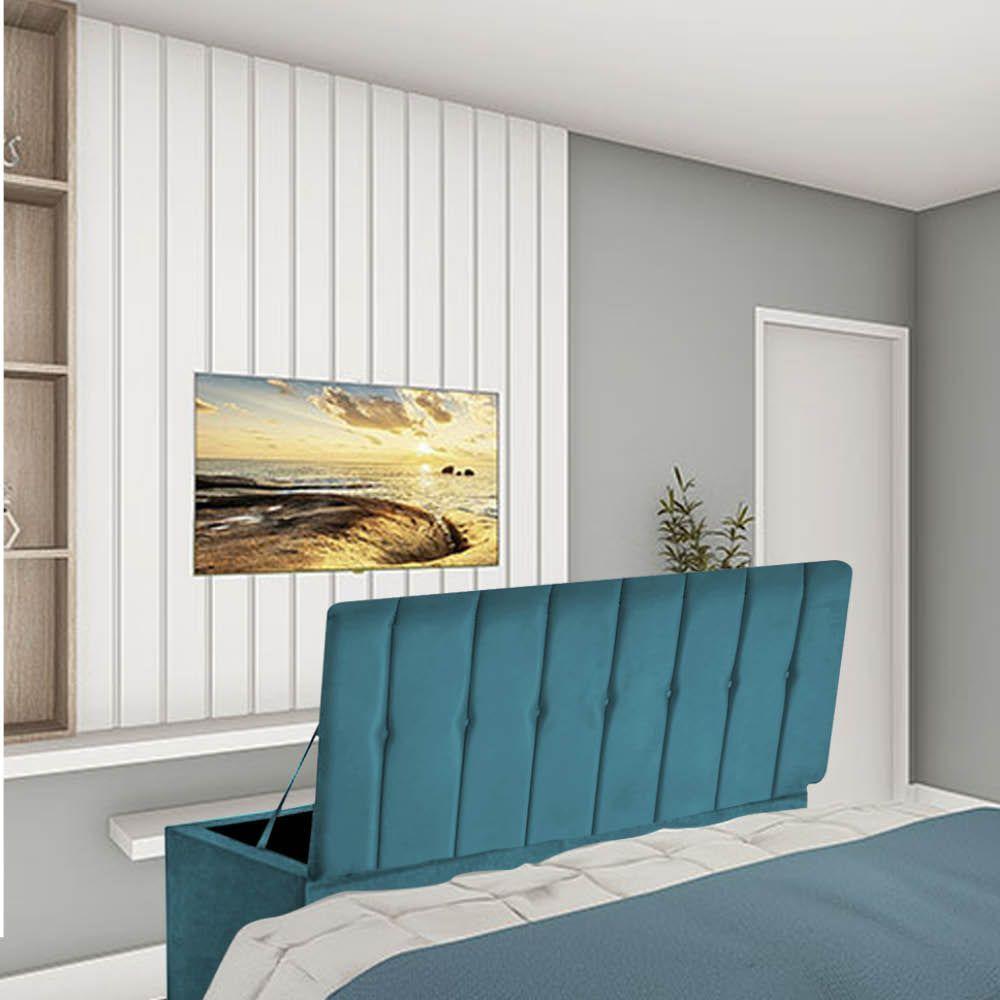 Miniatura Calçadeira Recamier Baú Kiara 100Cm Solteiro Para Quarto Box Suede Azul Turquesa - Amey Decor