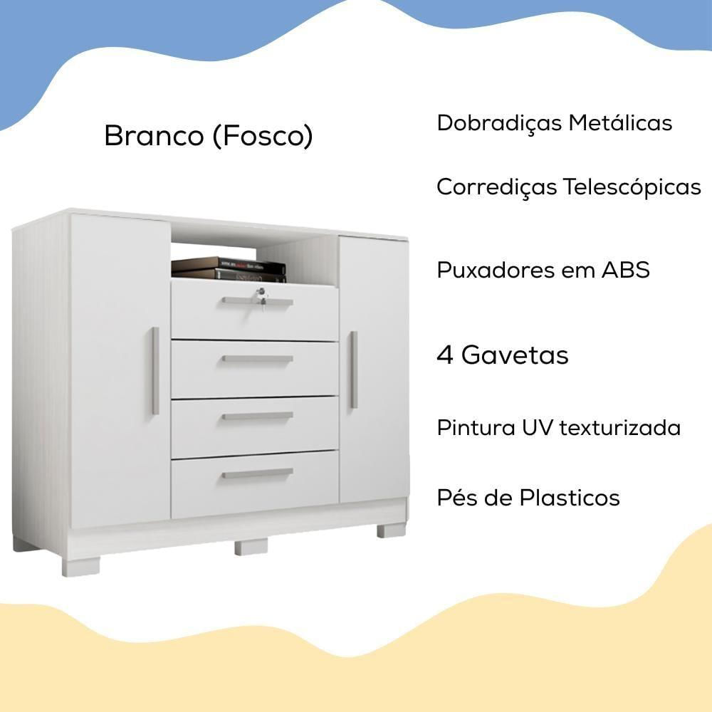 Comoda Rack 2 Portas 4 Gavetas Madri 121 Cm Branco Incp