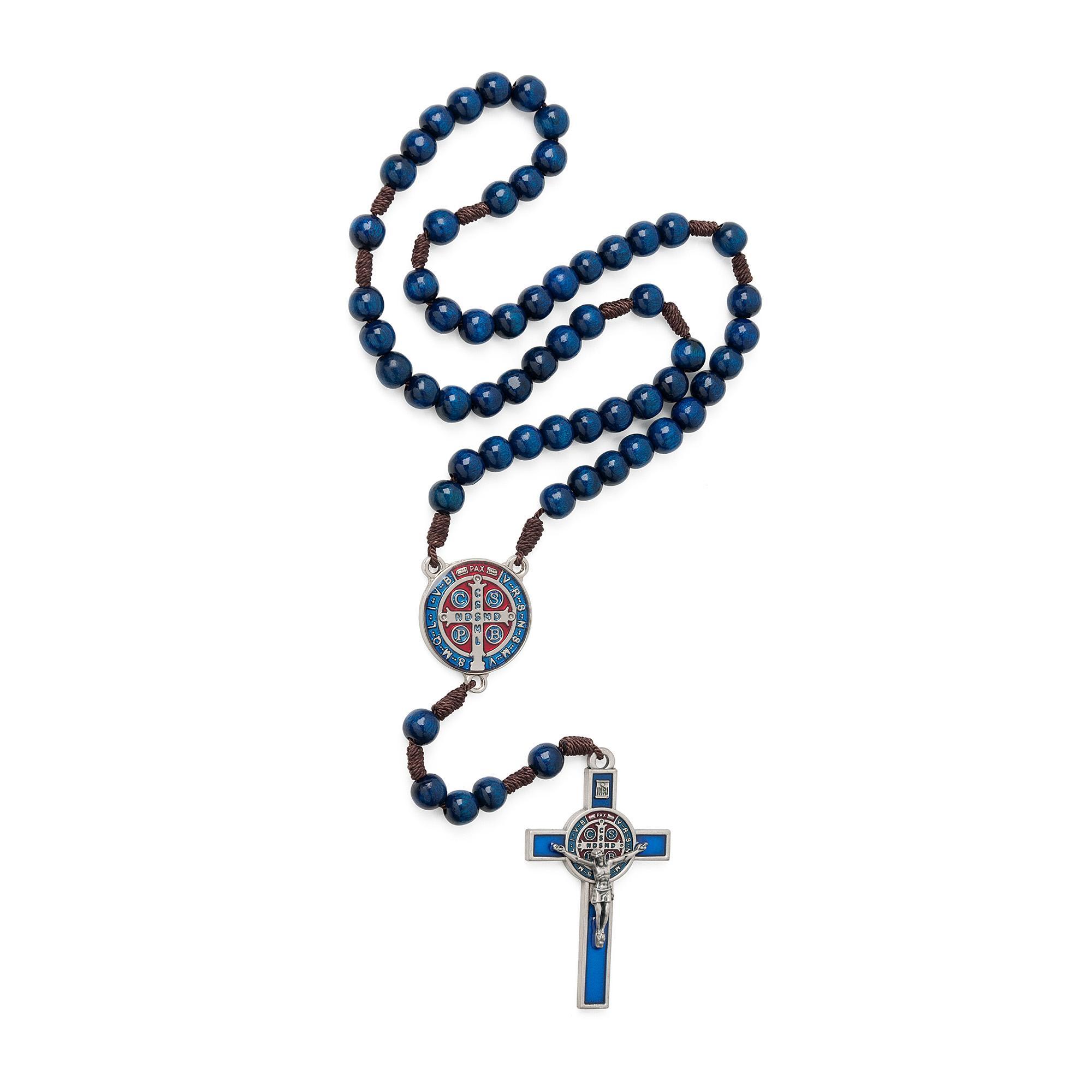 Miniatura Terço Madeira Imbuia Azul Medalha São Bento 10mm Crucifixo