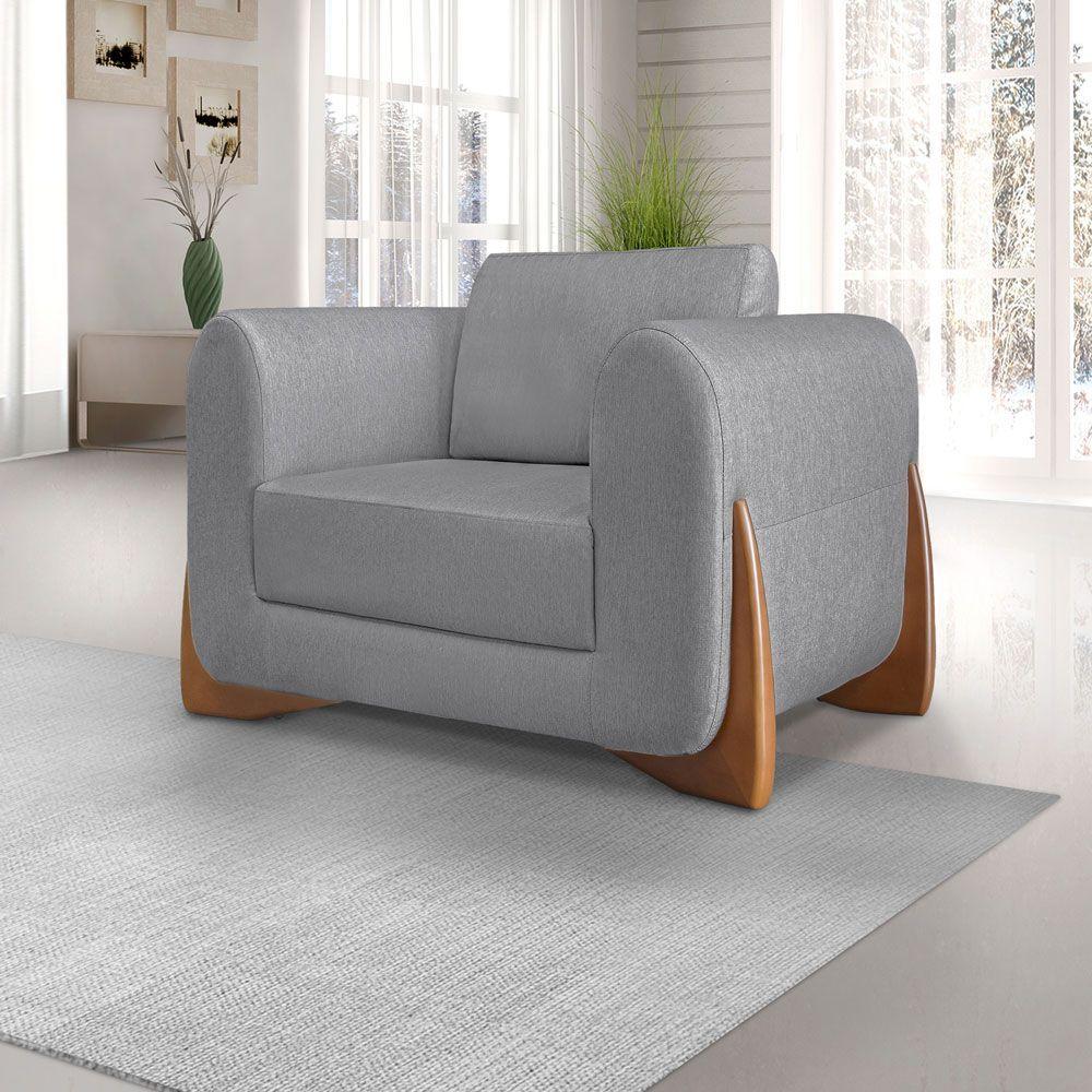 Kit 2 Poltronas E Sofá 2 Lugares Linho Grafite Pés Castanho