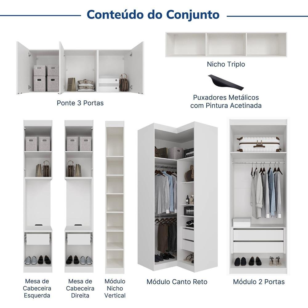 Guarda-roupa Modulado de Canto 11 Portas 7 Peças Hera Cabecasa Madeiramadeira Branco Geada/Preto