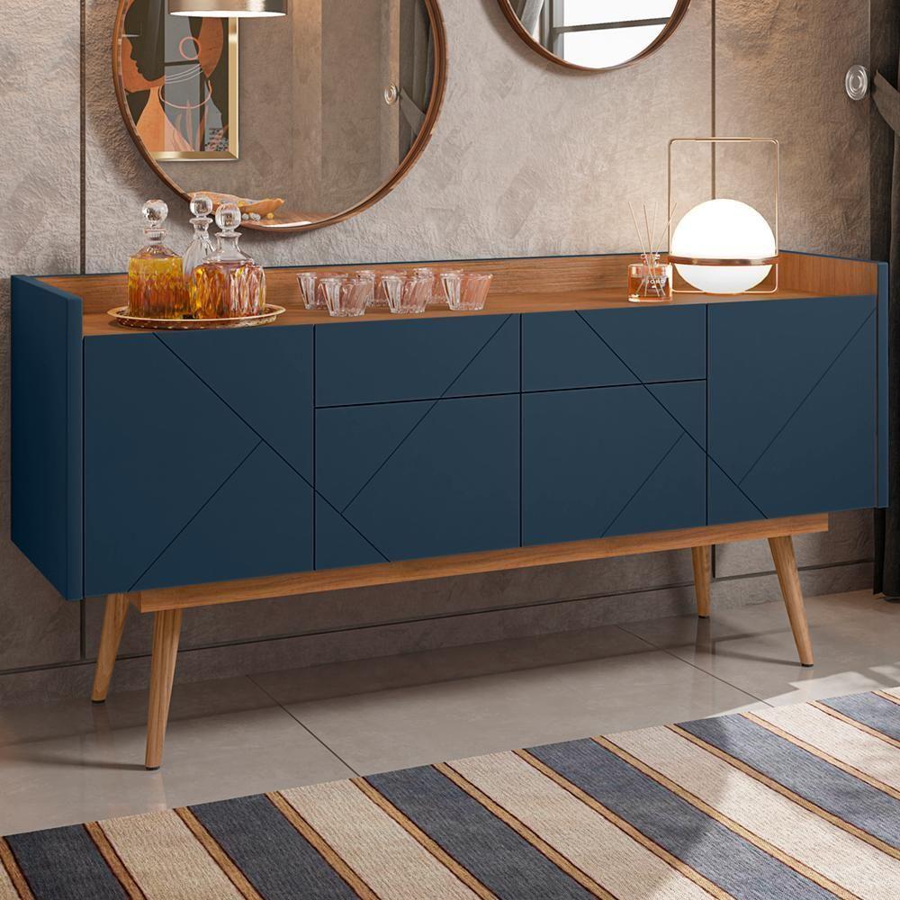 Aparador Buffet 4 Portas E 2 Gavetas Azul Cobalto Cedro