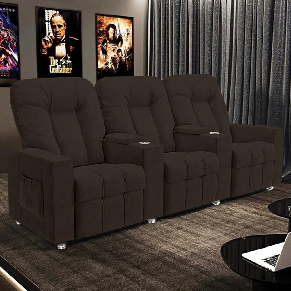 Miniatura Poltrona Reclinável Para Cinema 3 Lugares Praddo Fh9 Veludo Marrom - Mpozenato