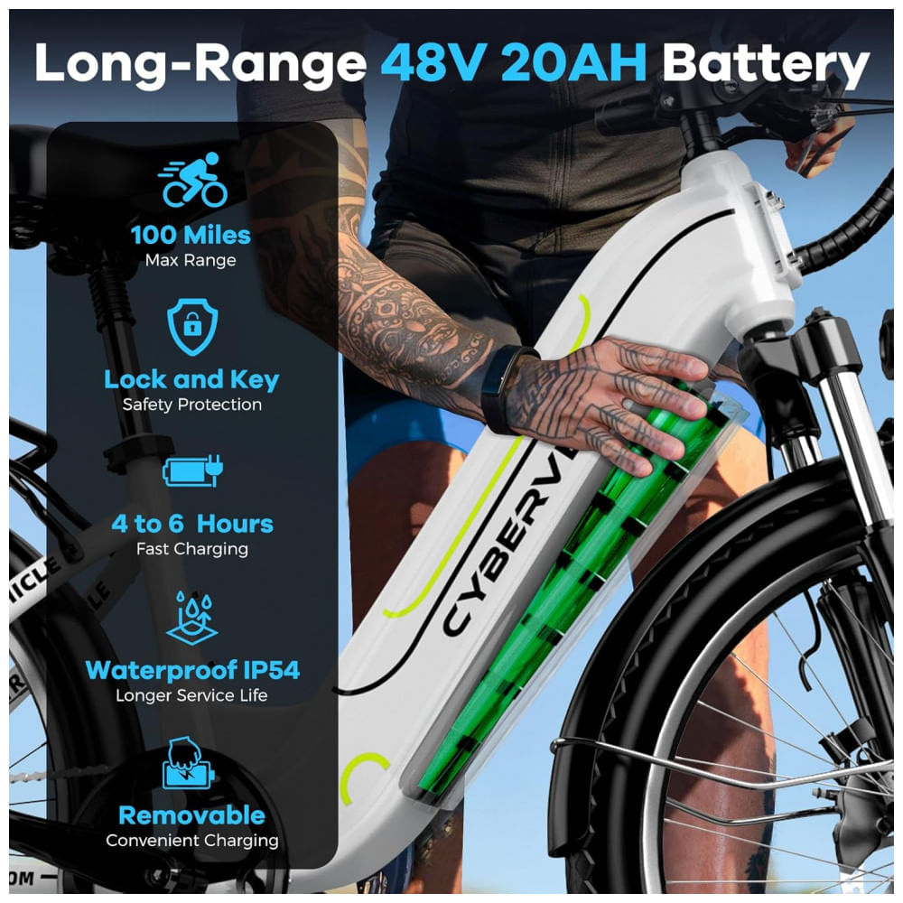 Bicicleta Elétrica Cybervelo 1000 Peak para Adultos, Autonomia de até 80 Milhas com Bateria Removível, E-Bike Elétrica de 26 Polegadas com 7 Velocidad