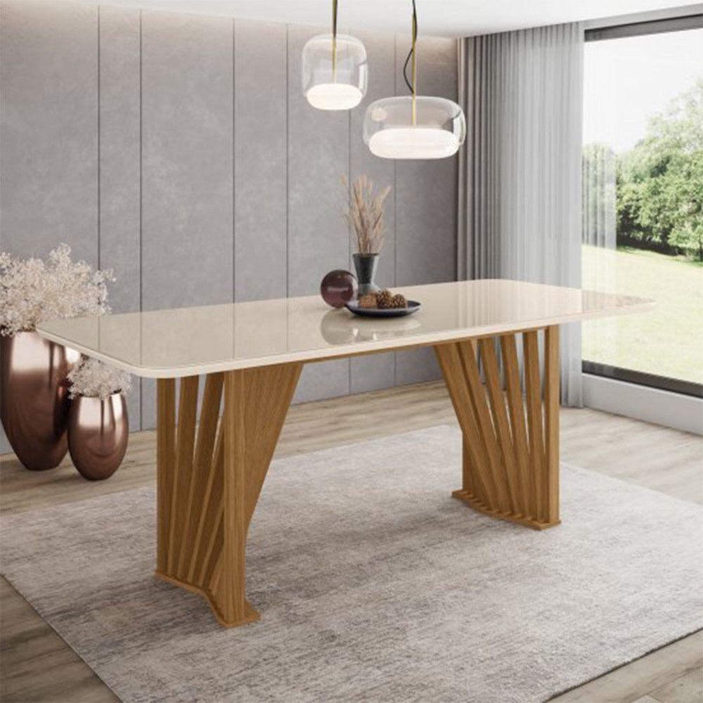 Conjunto Mesa De Jantar Henn Adriana Tampo De Vidro Com 6 Cadeiras Nature/off White/linho/courano