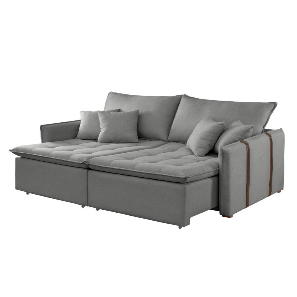 Miniatura Sofa Cama Retratil e Reclinavel 220cm Detroid Yescasa Linho/Cinza
