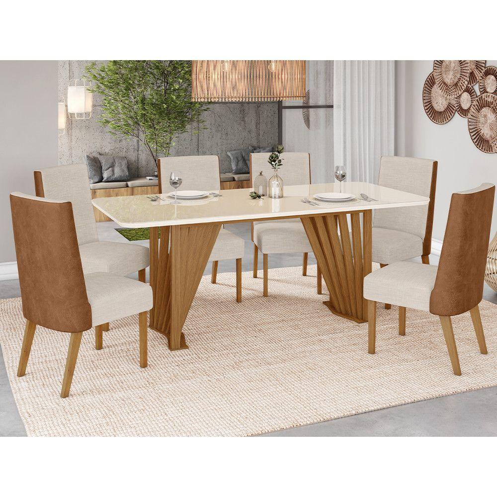 Miniatura Conjunto Mesa De Jantar Henn Adriana Tampo De Vidro Com 6 Cadeiras Nature/off White/linho/courano
