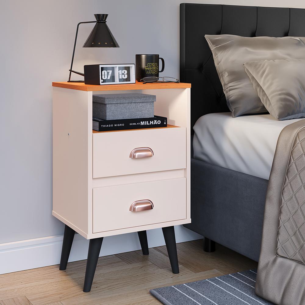 Miniatura Cabeceira Estofada Modular Box Casal 1,40 Julia Bege Jogo 2 Mesinha Pequena Gaveta Nicho Canto Lateral Cama Off White/Cinamomo Classic New-RPM