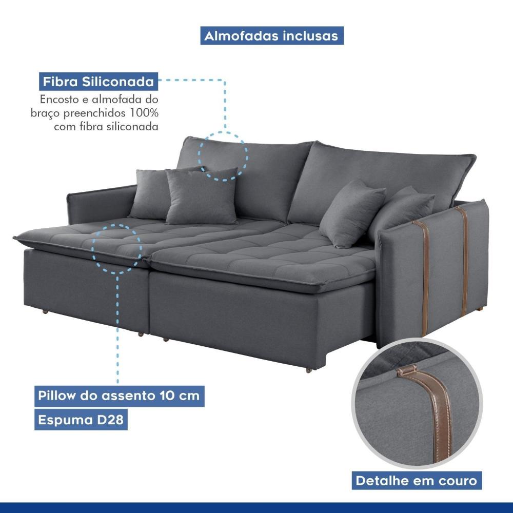 Sofa Cama Retratil e Reclinavel 220cm Detroid Yescasa Cinza