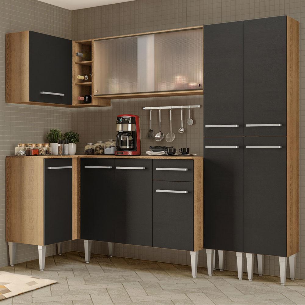 Miniatura Cozinha Completa de Canto Madesa Emilly Self com Balcão, Armário de Vidro e Paneleiro Rustic/Preto