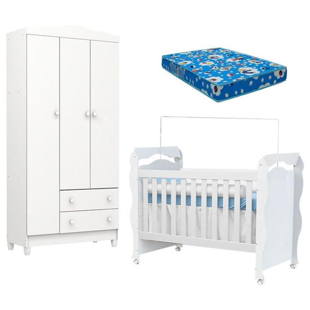 Miniatura Berço Americano New Nanda E Guarda Roupa Infantil Mel Flat 3 Portas Branco Brilho Com Colchão Ortobom - Carolina