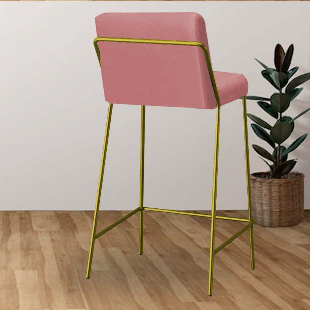 Miniatura Banqueta Alta Com Encosto Drika Industrial Cozinha Bistrô Ferro Dourado Suede Rose Gold