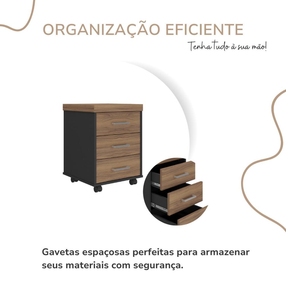 Miniatura Gaveteiro Executivo 3 Gavetas com Rodinhas e Chave para Escritório Nogal/Preto