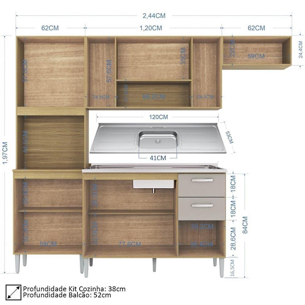 Miniatura Armário De Cozinha Compacta Completa 244cm Balcão E Pia Inox Livy P11 Damasco/off White - Mpozenato