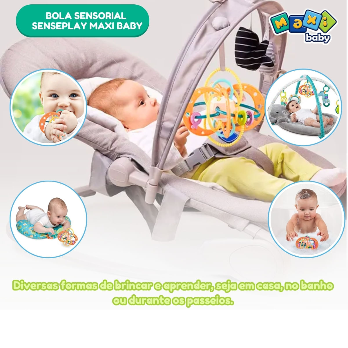 Miniatura Mordedor Chocalho Bebê Bola Massageadora SensePlay Maxi Baby