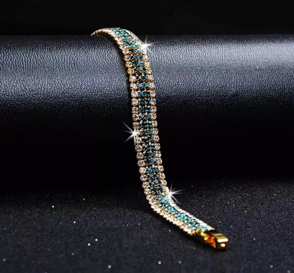 Pulseira Dourada Faixas Strass Cores Azul