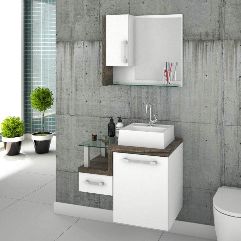 Miniatura Gabinete para Banheiro com Cuba Quadrada Q32 e Espelheira com Porta Legno 630W Compace Branco/Carvalho Dark