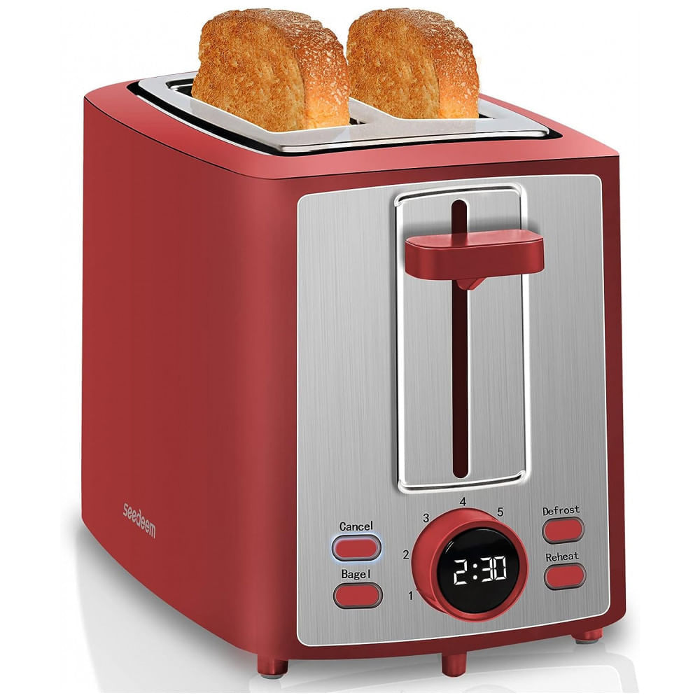 Miniatura Torradeira Elétrica 2 Fatias 7 Níveis de Tostagem, Display LCD, 110V 900W, SEEDEEM, Vermelha