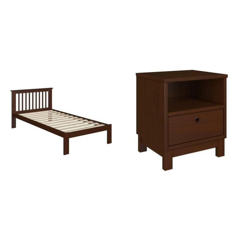 Miniatura Conjunto de Quarto Solteiro Júlia de Madeira Maciça com Cama de Solteiro e Mesa de Cabeceira Walnut