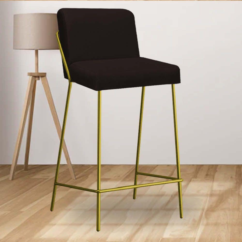 Miniatura Banqueta Alta Com Encosto Drika Industrial Cozinha Bistrô Ferro Dourado Corino Marrom